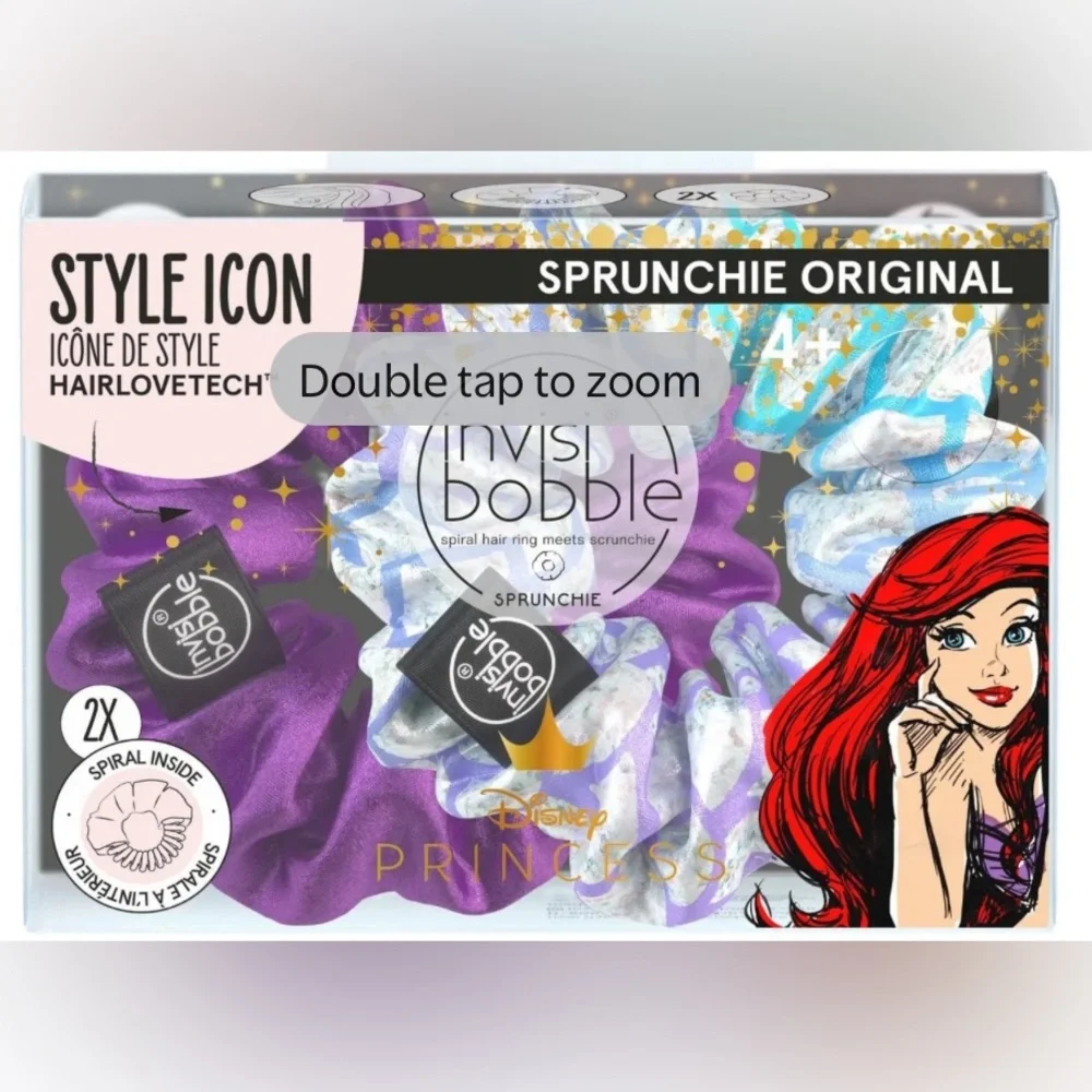 BNIB DISNEY INVISIBOBBLE STYLE ICON ARIEL PRINCESS 2 SCRUNCHIES PURPLE & SPARKLE